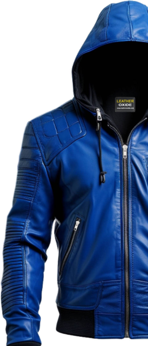 Men Stylish Blue Hooded Leather Jacket