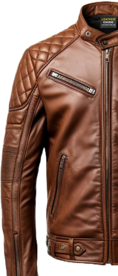 Men Brown Racer Cafe Moto Leather Jacket - Biker Jacket Men