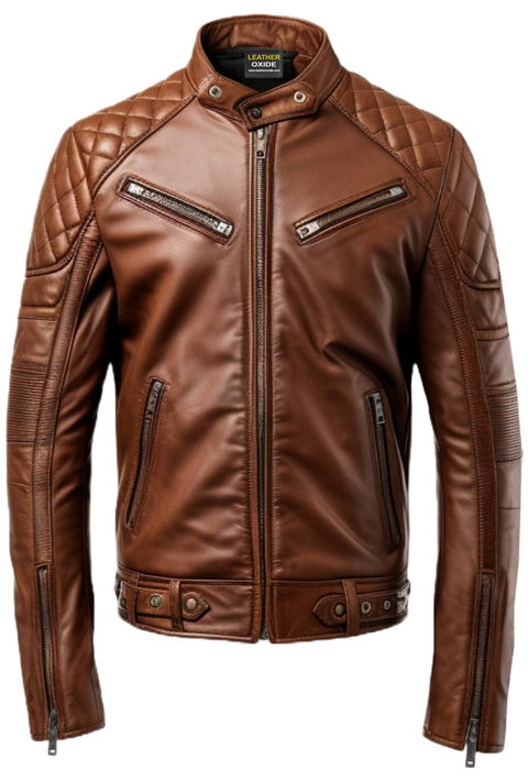 Men Brown Racer Cafe Moto Leather Jacket - Biker Jacket Men