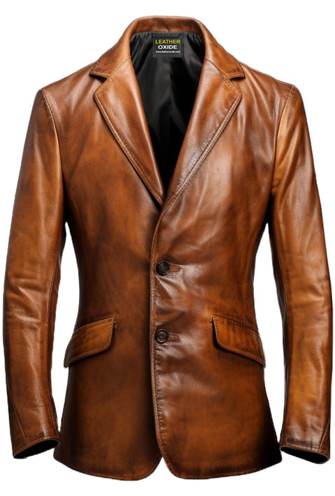 Men Stylish Distressed Brown Leather Blazer - Men Leather Blazer