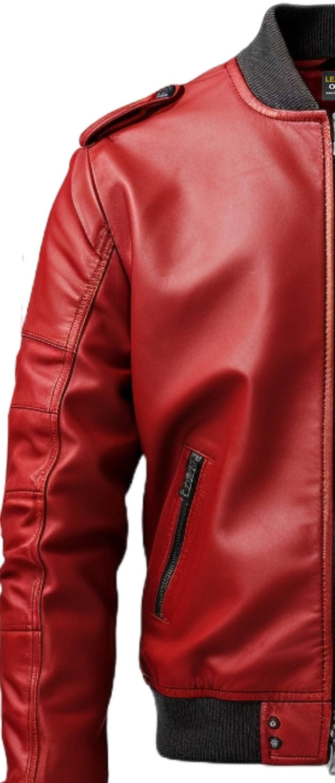 Men Stylish Red Bomber Leather Jacket