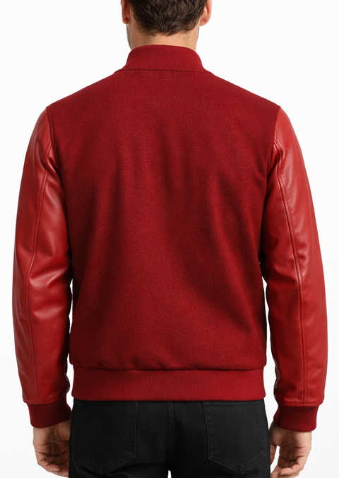 Men Stylish Red Wool and Leather Jacket