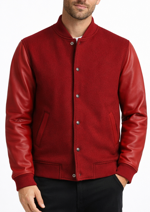 Men Stylish Red Wool and Leather Jacket