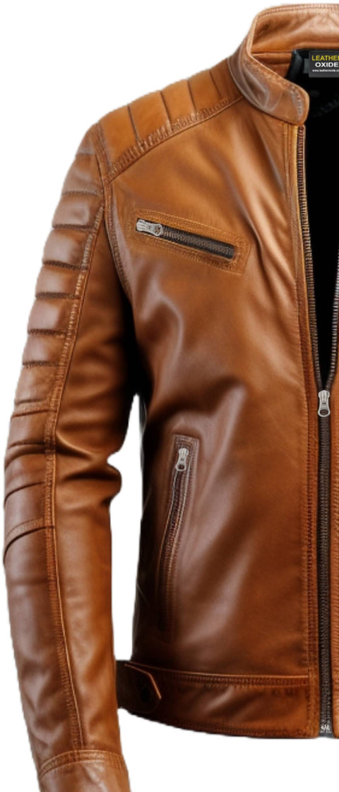 Men Tan Leather Biker Jacket - Leather Jacket for Men