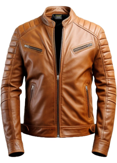Men Tan Leather Biker Jacket - Leather Jacket for Men