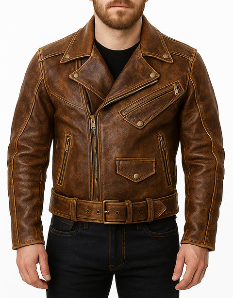 Men Vintage Brown Distressed Biker Leather Jacket