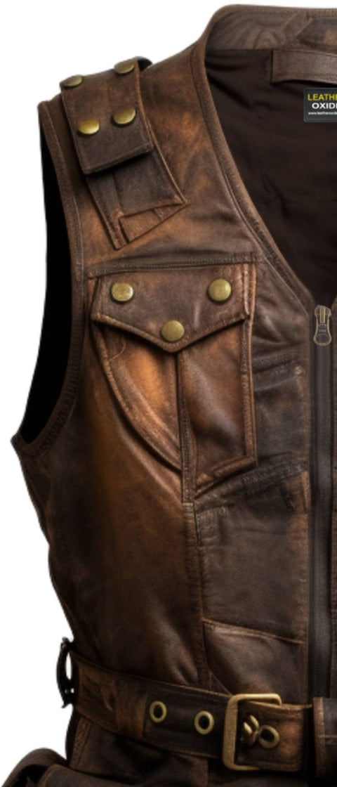 Men Vintage Brown Military Vest - Men Leather Vest