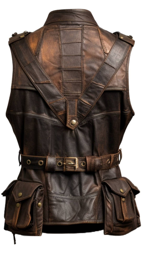 Men Vintage Brown Military Vest - Men Leather Vest