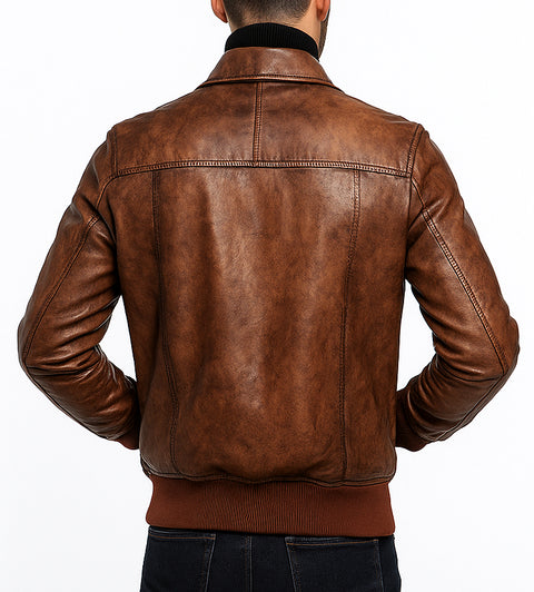 Men Vintage Distressed Brown Bomber Leather Jacket