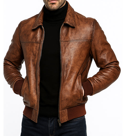 Men Vintage Distressed Brown Bomber Leather Jacket