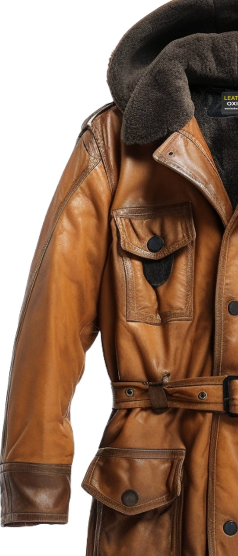 Men Vintage Hooded Fur Leather Hooded Coat - Faux Fur