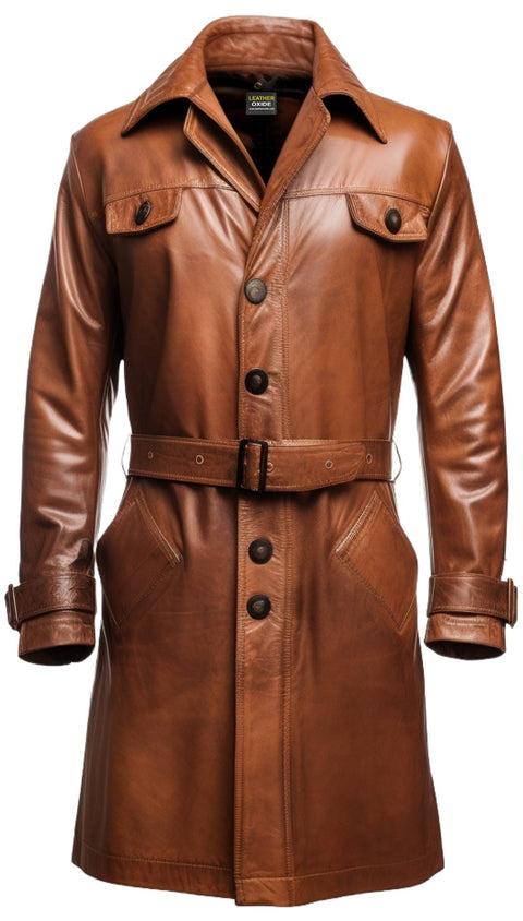 Men Vintage Brown Leather Coat- Long Leather Coat - Leatheroxide