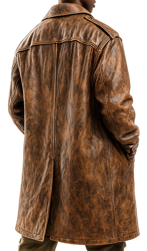 Men’s Real Distressed Leather Long Trench Coat – Brown Vintage Baggy Look