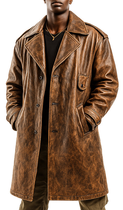 Men’s Real Distressed Leather Long Trench Coat – Brown Vintage Baggy Look