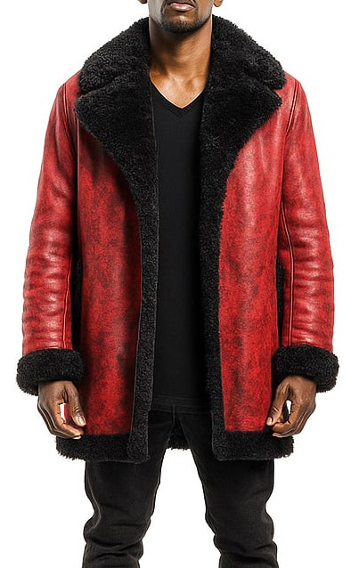 Men’s Red Distressed Aviator Style Shearling Leather Coat