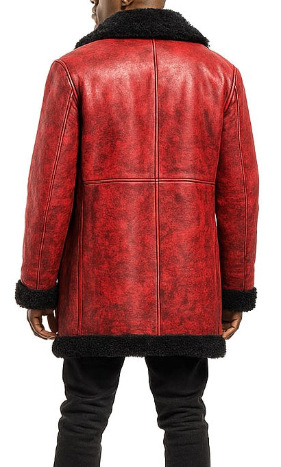 Men’s Red Distressed Aviator Style Shearling Leather Coat