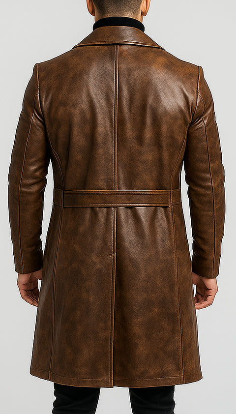 Men Brown Distressed Leather Trench Coat