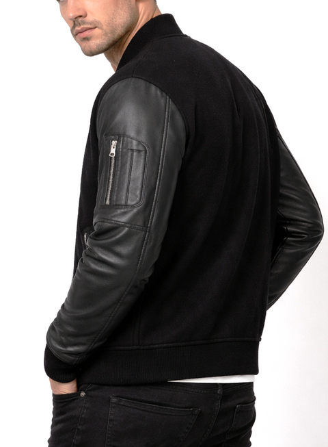 Men stylish Black Wool and Leather Jacket