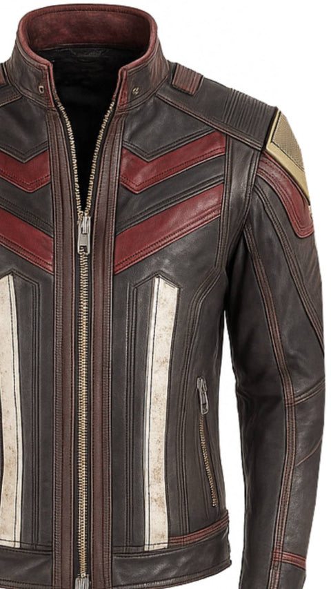 Biker Brown and Red Leather Jacket - Leather Jacket for Men Red