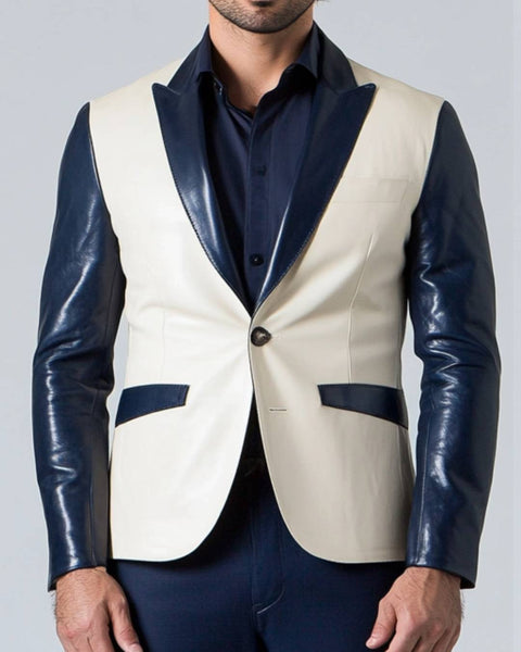 Leo White & Blue Leather Blazer - Leather Blazer for Men White & Blue