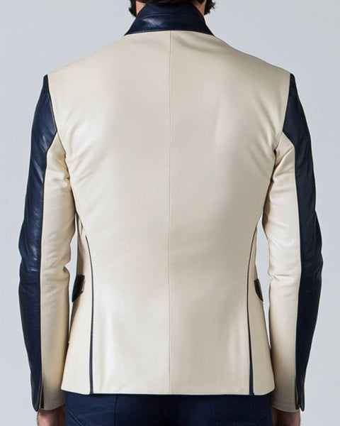 Leo White & Blue Leather Blazer - Leather Blazer for Men White & Blue