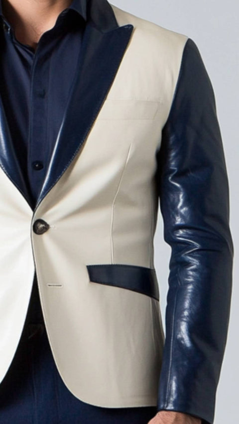 Leo White & Blue Leather Blazer - Leather Blazer for Men White & Blue