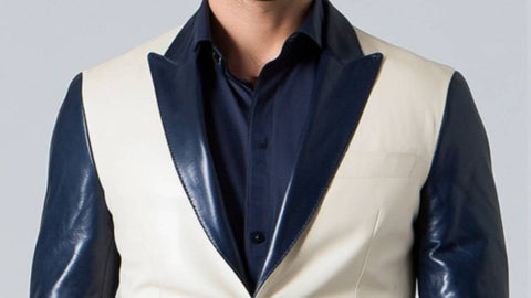 Leo White & Blue Leather Blazer - Leather Blazer for Men White & Blue