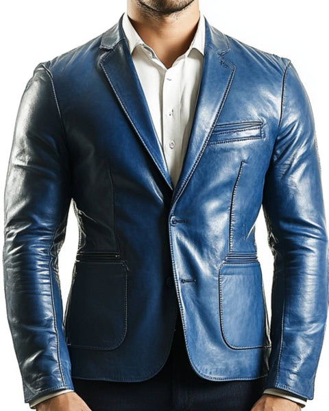 George Blue Leather Blazer - Leather Blazer for Men Blue