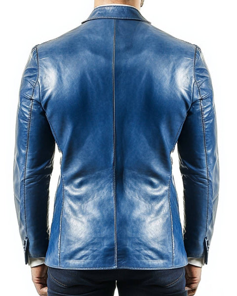 George Blue Leather Blazer - Leather Blazer for Men Blue