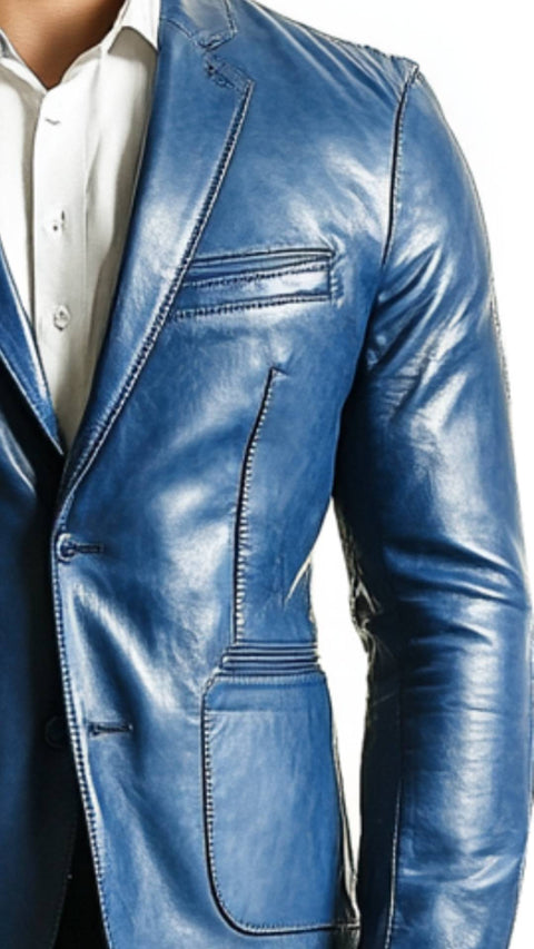 George Blue Leather Blazer - Leather Blazer for Men Blue
