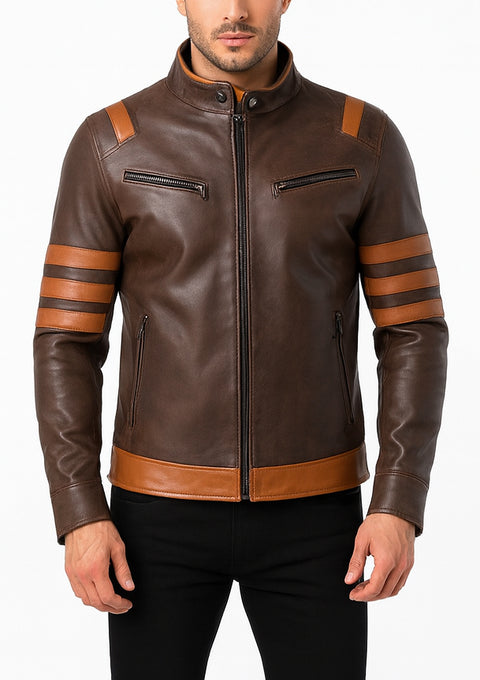 Racer Stripes Brown Leather Jacket