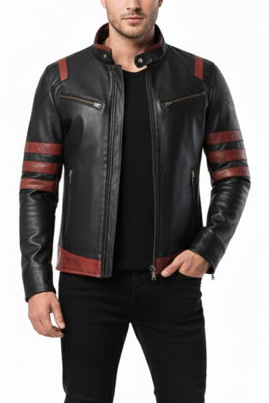 Racer Stripes Black Red Leather Jacket