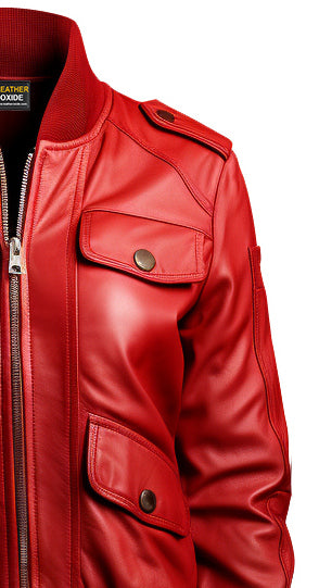 Red Leather Jacket Strap Pockets - Leatheroxide