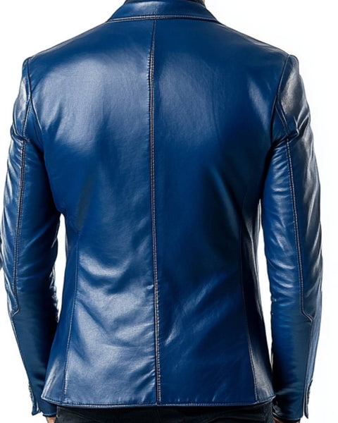 Archie Blue Leather Blazer - Leather Blazer for Men Blue