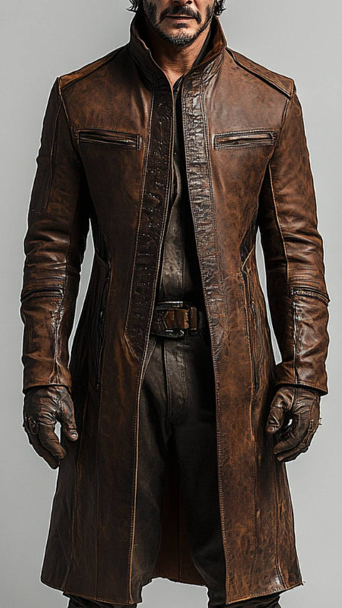 Stanley Leather Brown Long Coat - Men Long Coat Brown
