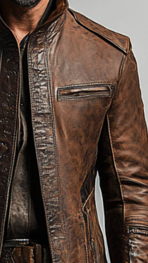 Stanley Leather Brown Long Coat - Men Long Coat Brown