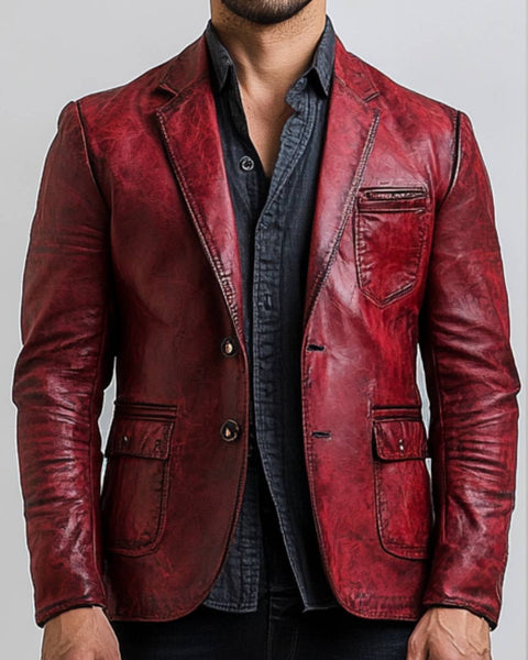 Teddy Red Leather Blazer - Leather Blazer for Men Red