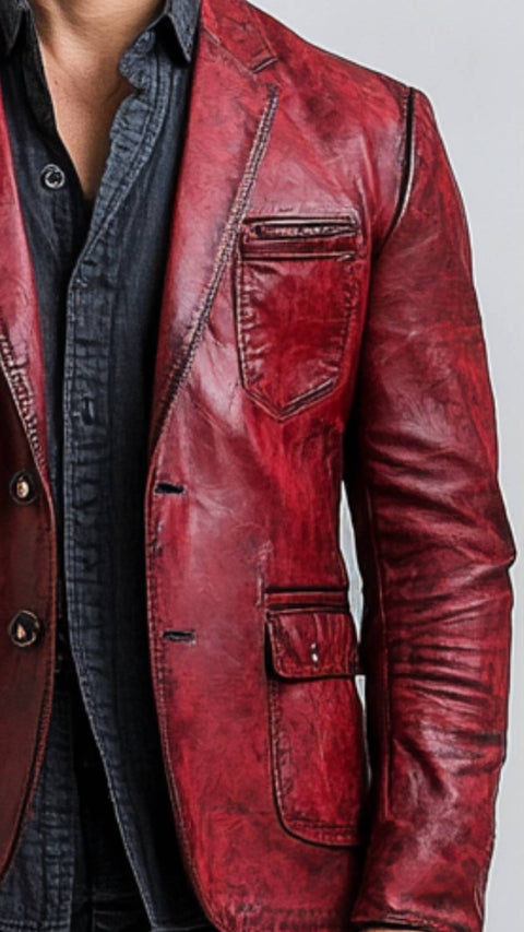 Teddy Red Leather Blazer - Leather Blazer for Men Red