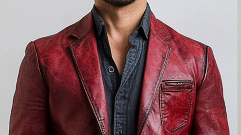 Teddy Red Leather Blazer - Leather Blazer for Men Red