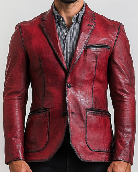 Theo Red Leather Blazer - Leather Blazer for Men Red