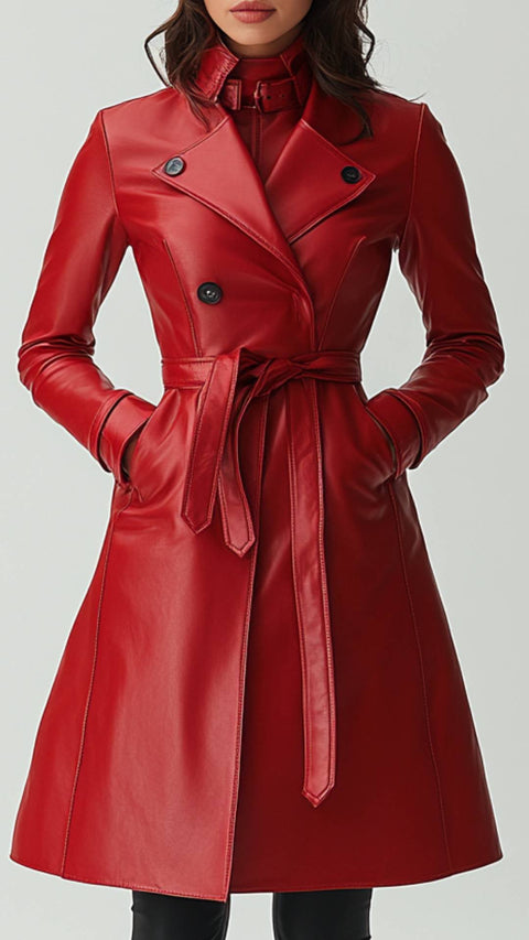 Violet Leather Red Long Coat - Women Long Coat Red