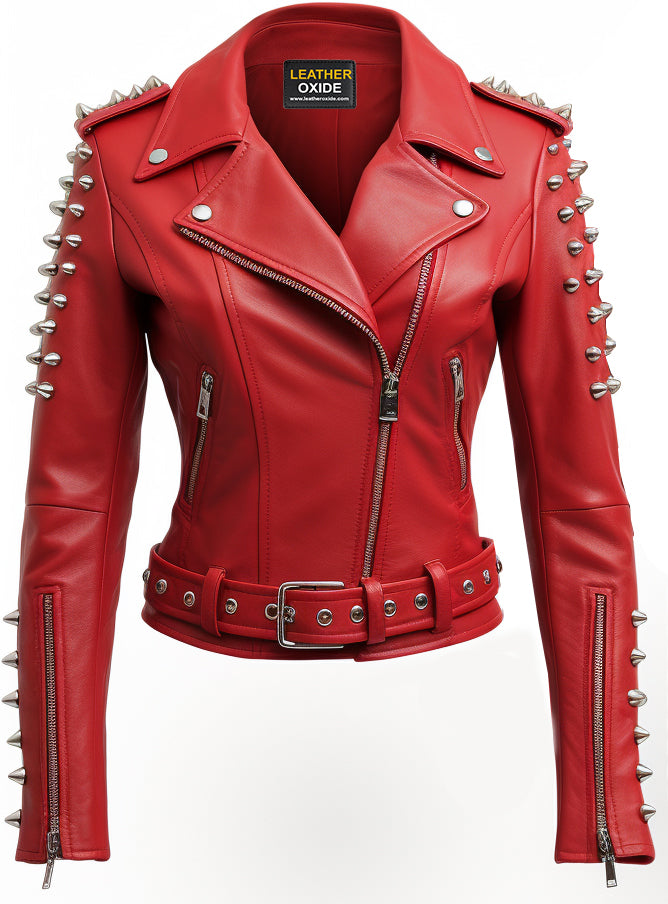 Purchase Women Studs Red Leather Jacket