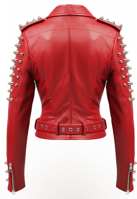 Women Studs Red Leather Jacket - Leatheroxide