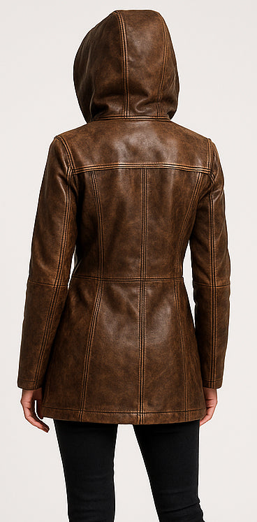 Women Brown Distressed Hooded Leather Coat