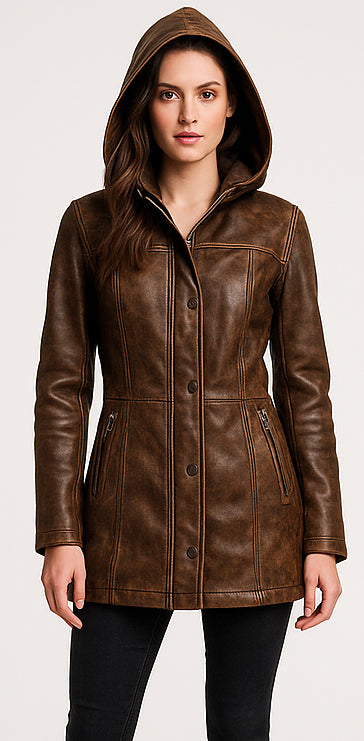 Women Brown Distressed Hooded Leather Coat
