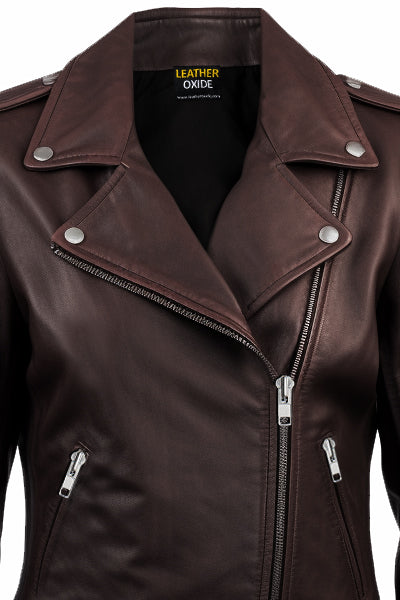 Women Biker Leather Jacket Dark Brown - Leatheroxide