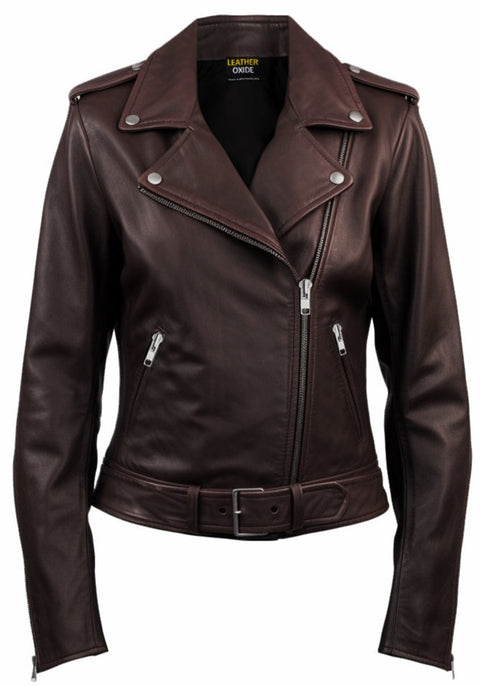 Women Biker Leather Jacket Dark Brown - Leatheroxide