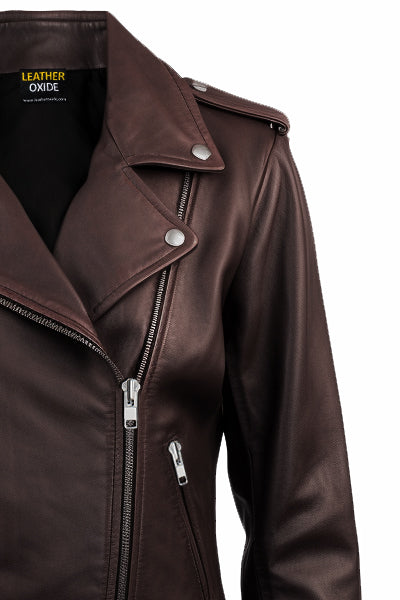 Women Biker Leather Jacket Dark Brown - Leatheroxide