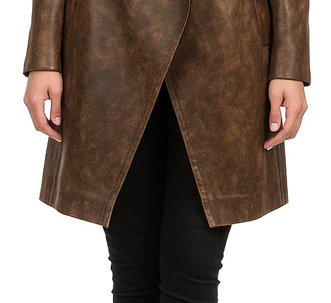 Women Designer Distressed Brown Leather Coat