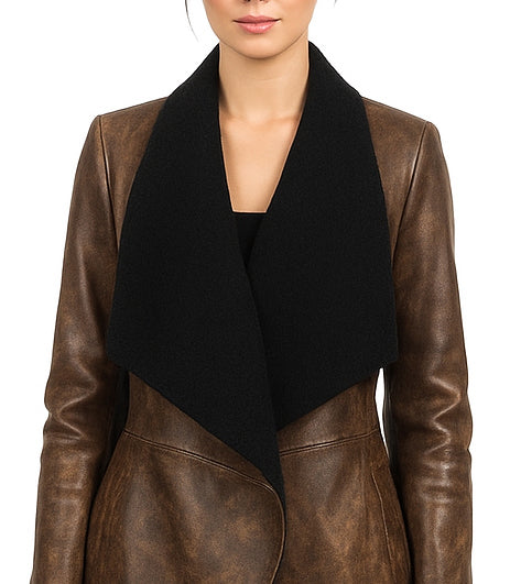 Women Designer Distressed Brown Leather Coat